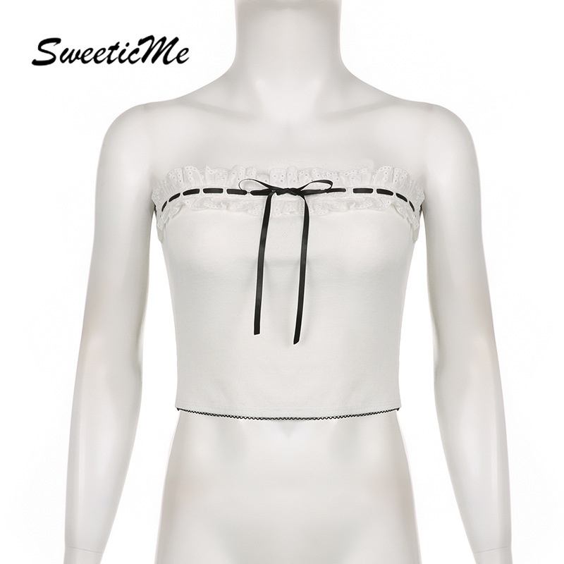 Áo Ống Thắt Nơ Phối Ren Màu Tương Phản Thời Trang 2023 Cho Nữ