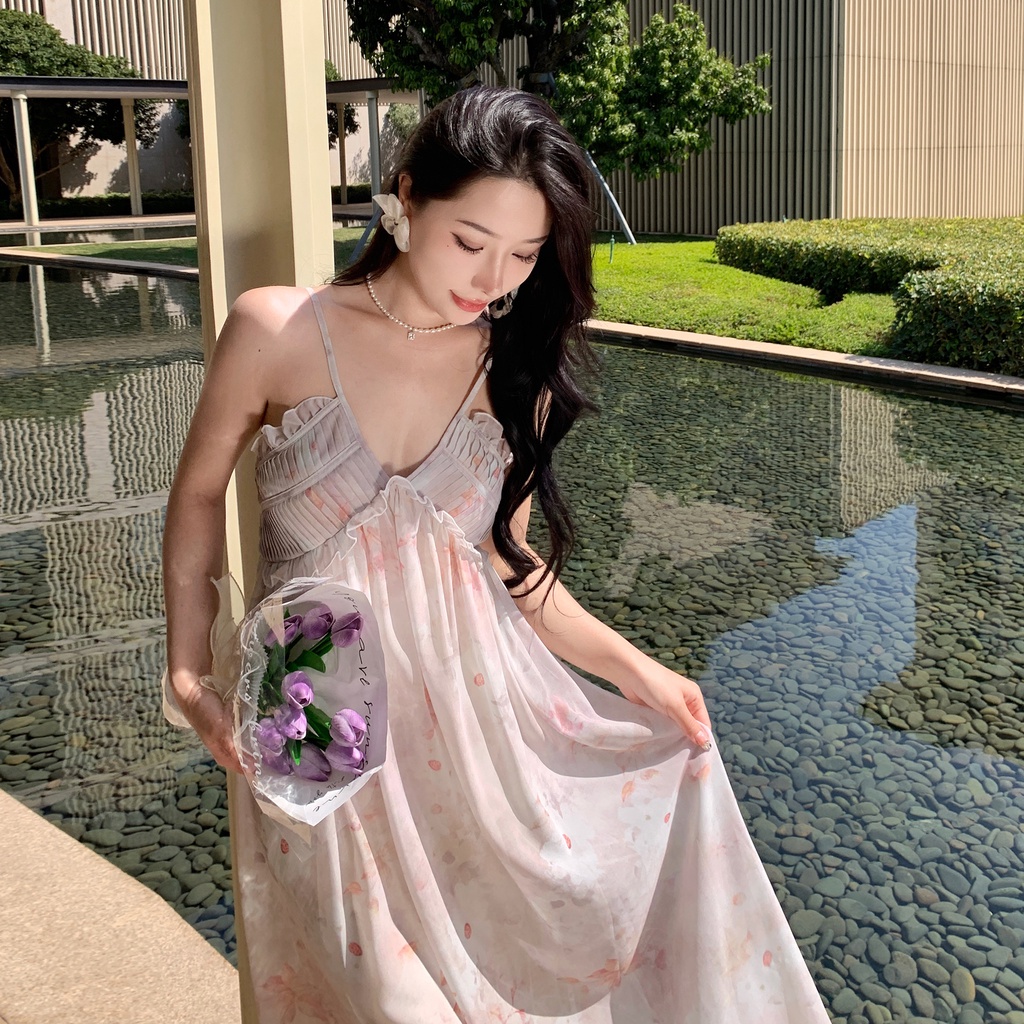 Đầm Hai Dây Dáng Dài Họa Tiết Hoa Thời Trang Mùa Hè Pháp Cho Nữ
