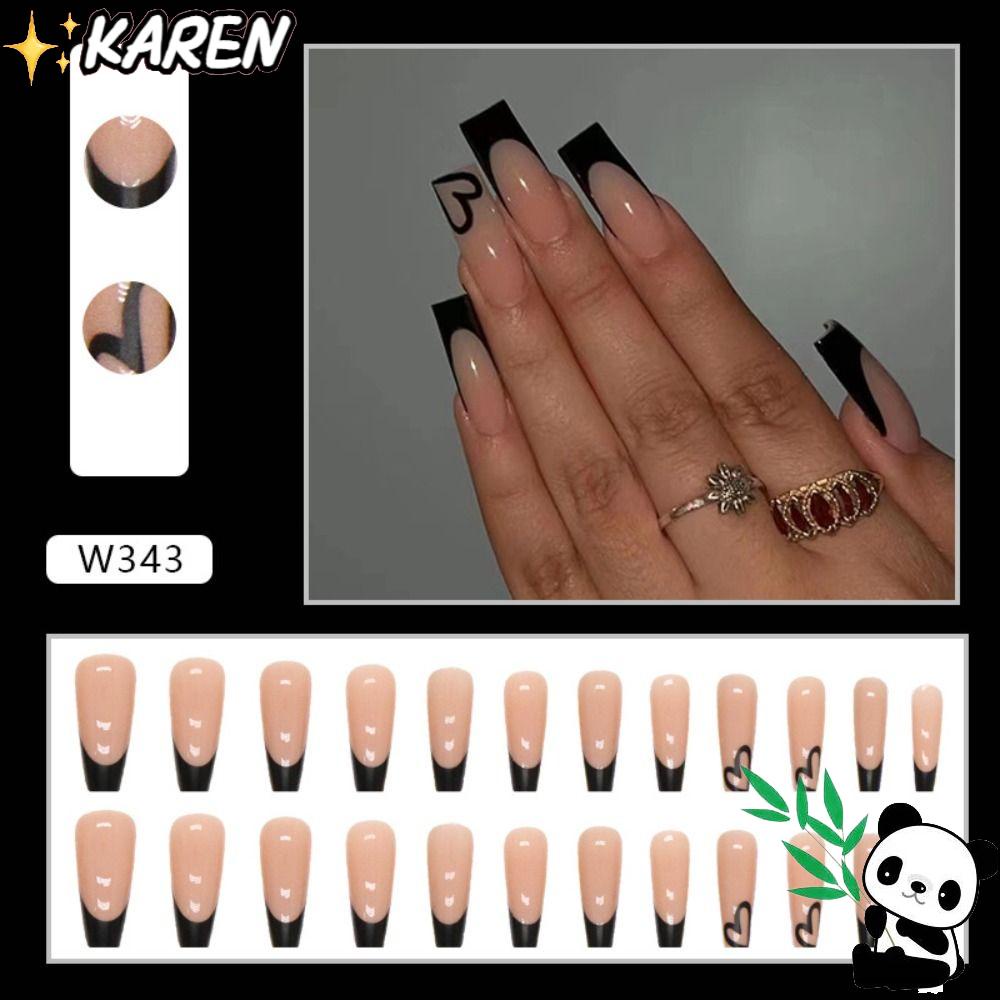 KAREN Bộ 24 Móng Tay Giả Che Phủ Toàn Diện Tháo Rời Được Họa Tiết Trái Tim Dễ Thương