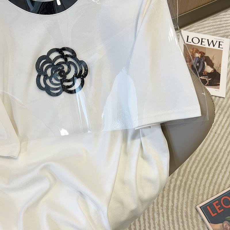 Áo Thun Mỏng Dáng Rộng Tay Ngắn Đính Hạt Hình Hoa Trà Cỡ Lớn 300 Thời Trang Cho Nữ