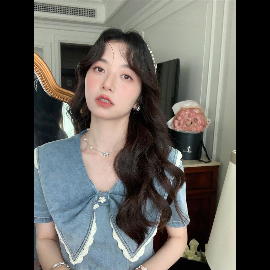 Đầm Denim Tay Ngắn Cổ Bèo Phong Cách Pháp Thanh Lịch Và Mới