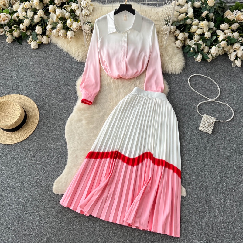 Bộ Áo Sơ Mi Dài Tay Màu Hồng Gradient + Chân Váy Lưng Cao Thời Trang Nữ Tính