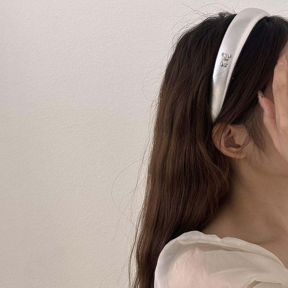 ANEMONE Băng Đô Rửa Mặt Bằng Da Màu Bạc Bản Rộng Chống Trượt Thanh Lịch