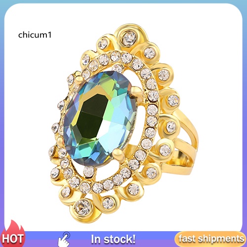 Nhẫn Mặt Kính Hình Elip Lớn Màu Sắc Cầu Vồng Cho Nữ