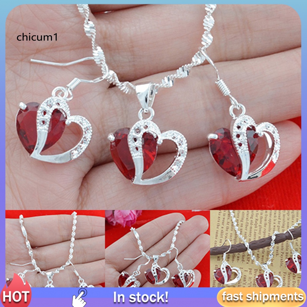 Bộ Vòng cổ + Bông Tai Mạ BạC ĐíNh Đá Đỏ ThờI Trang