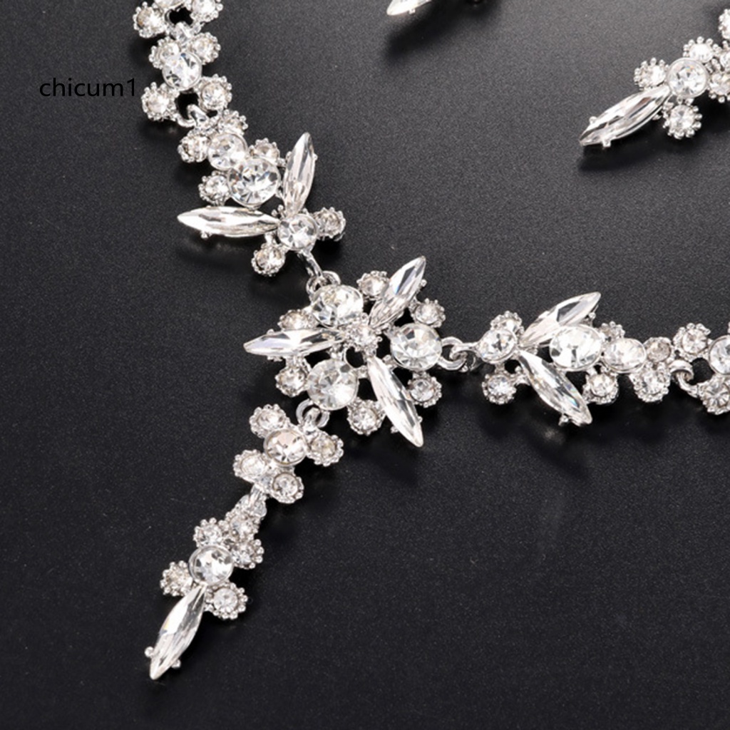 Set 1 Bộ Vòng cổ + Bông Tai Mạ Điện Đính Đá Hình Hoa Có Thể Điều Chỉnh Kích Thước Dành Cho Cô Dâu CC 1