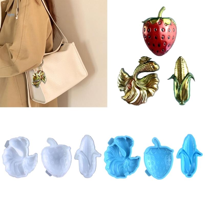 Khuôn Silicone Làm Móc Khóa Hình Trái Dâu / Bắp / Cá Vàng Có Lỗ Treo Chì