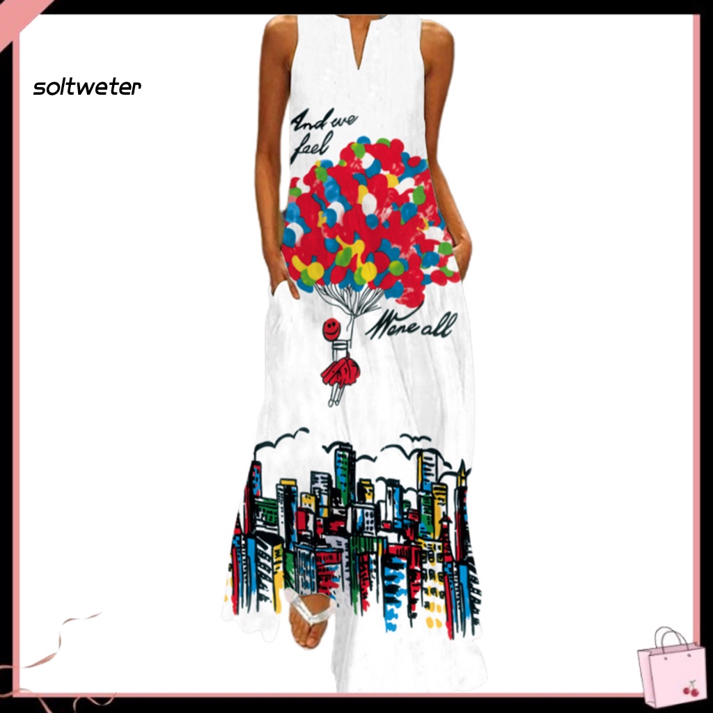 Đầm Maxi Sát Nách Cổ Chữ V Dáng Rộng In Họa Tiết Kỹ Thuật Số Thời Trang Mùa Hè Cho