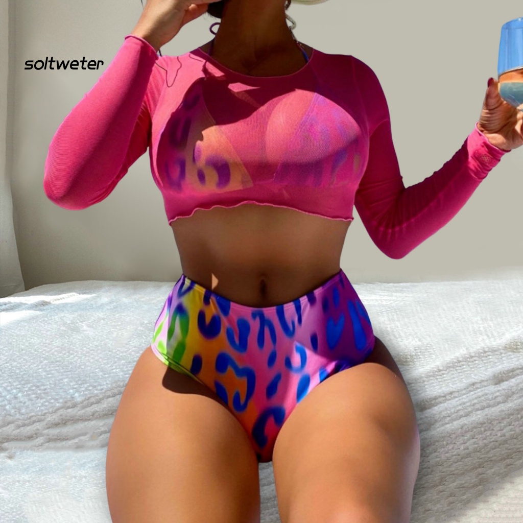 Bộ Đồ Bơi 3 Mảnh Gồm Áo Tay Dài Cổ Tròn Và Quần Lót Lưới Xuyên Thấu Chống Nắng In Họa Tiết Da Báo Cho Nữ