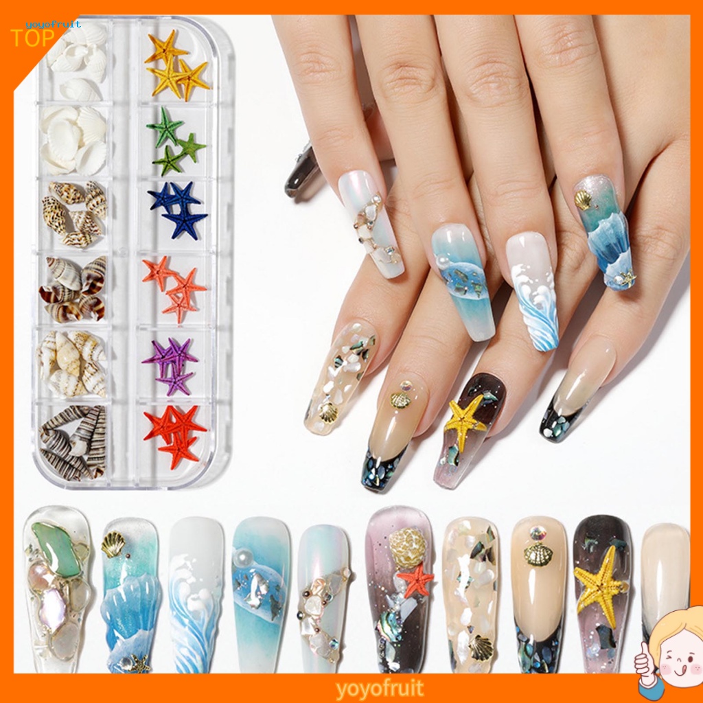 Yof 1 Hộp Phụ Kiện Trang Trí Móng Tay Nghệ Thuật Hình Vỏ Sò / Sao Biển 3D Nhiều Phong Cách Sáng Tạo Bằng Nhựa Rộng Rãi