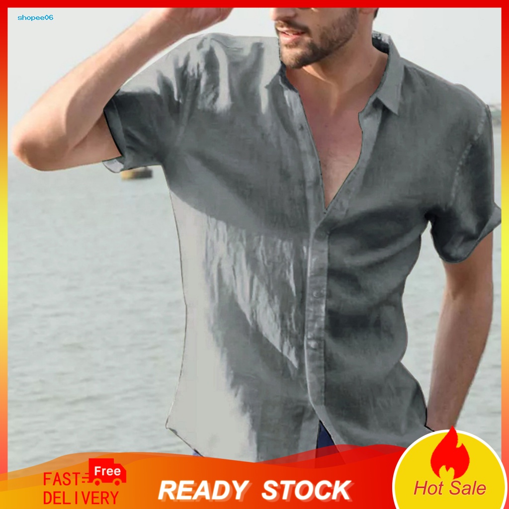 Áo Sơ Mi Tay Ngắn Cổ Bẻ Cài Nút Màu Sắc Trơn Thoáng Khí Thời Trang Đi Biển Cho Nam