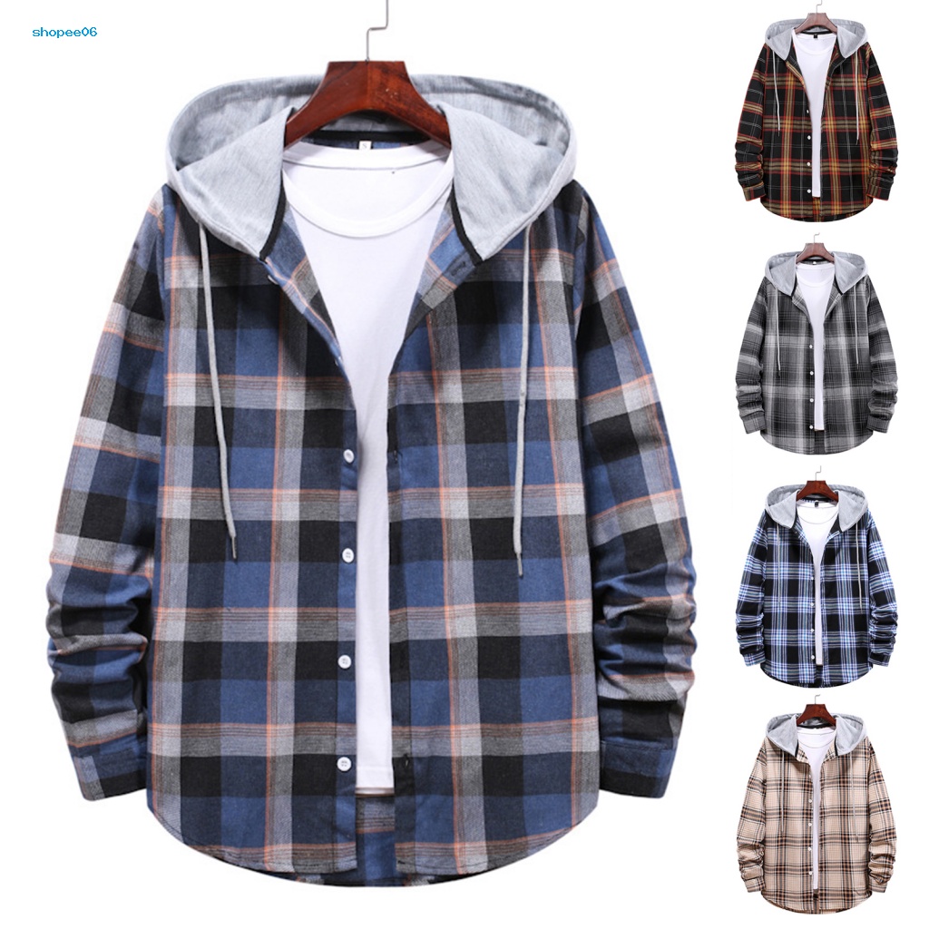 Áo Khoác Sơ Mi Tay Dài Có Nón Phối Dây Rút In Họa Tiết Kẻ Sọc Màu Sắc Thời Trang Xuân Thu Cho Nam