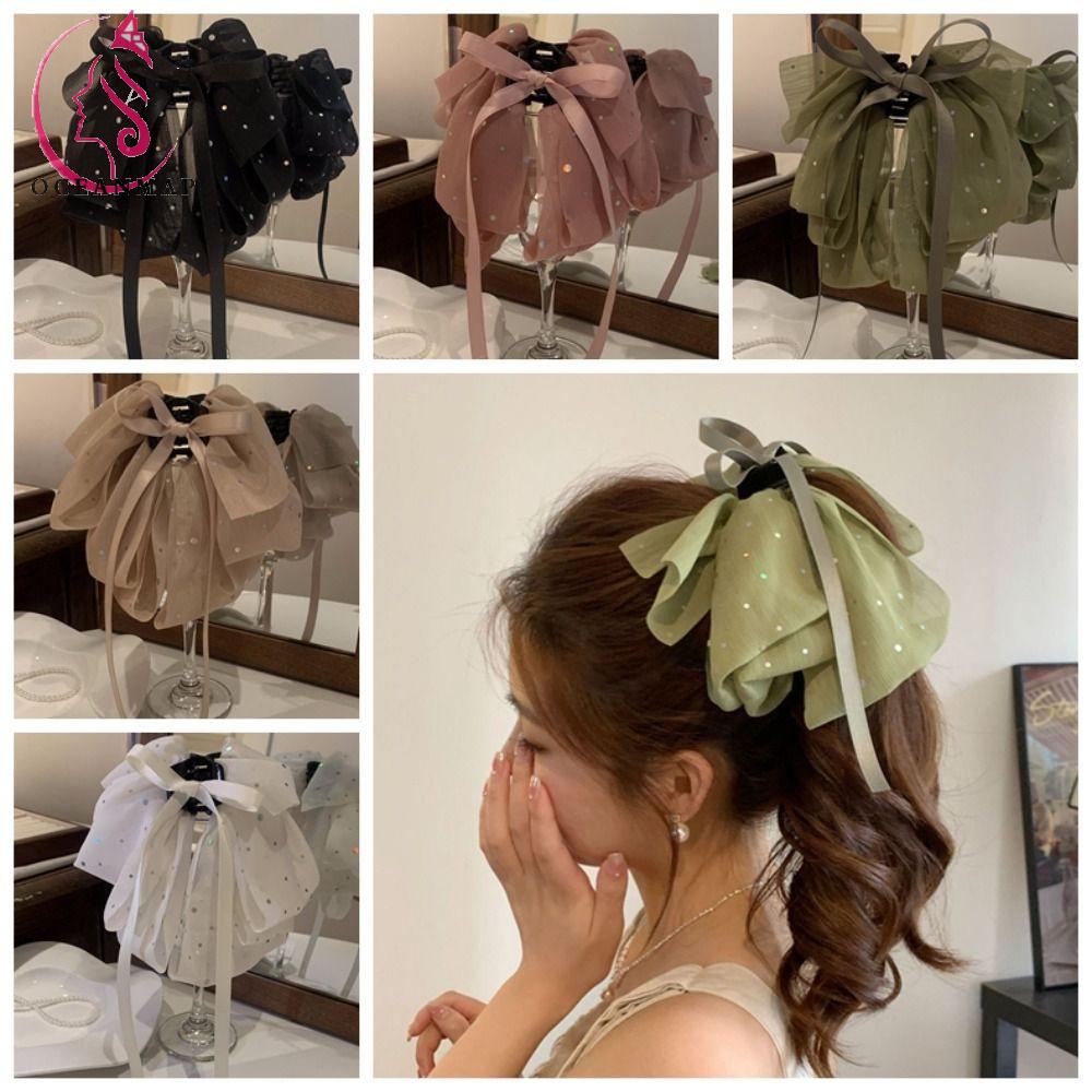 OCEANMAP Kẹp Tóc Nơ Lưới Đính Kim Sa Ngọt Ngào Y2K