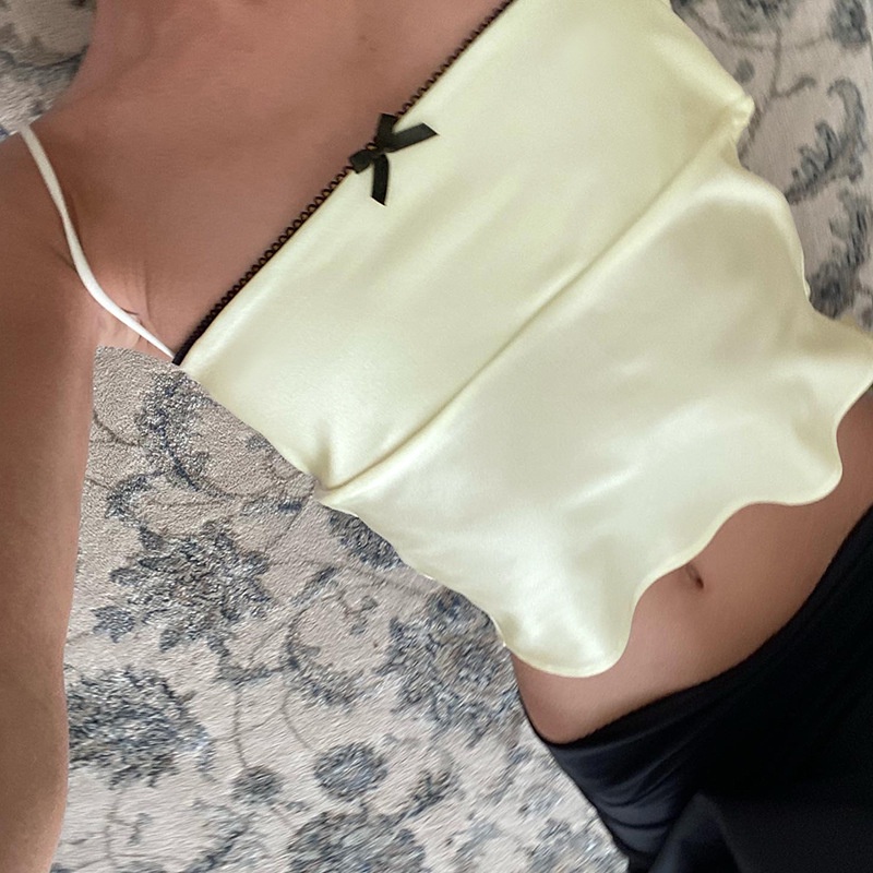 Áo Hai Dây Satin Phối Ren Thắt Nơ Xinh Xắn Thời Trang Cho Nữ