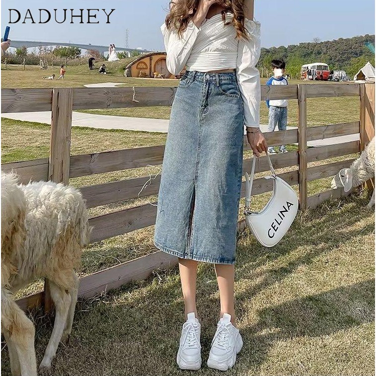 Chiết xuất denim DADUHEY ôm hông kiểu chữ A cạp cao xẻ tà vải giặt retri thời trang mới Hàn Quốc