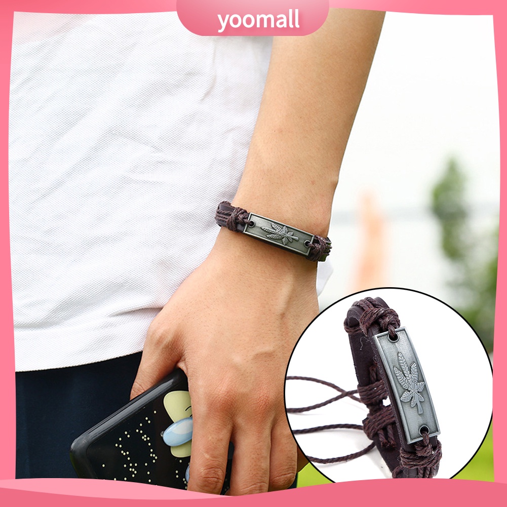 Vòng Tay Giả Da Mặt Hình Lá Phong Có Thể Điều Chỉnh Kích Cỡ Dành Cho Nam Giới