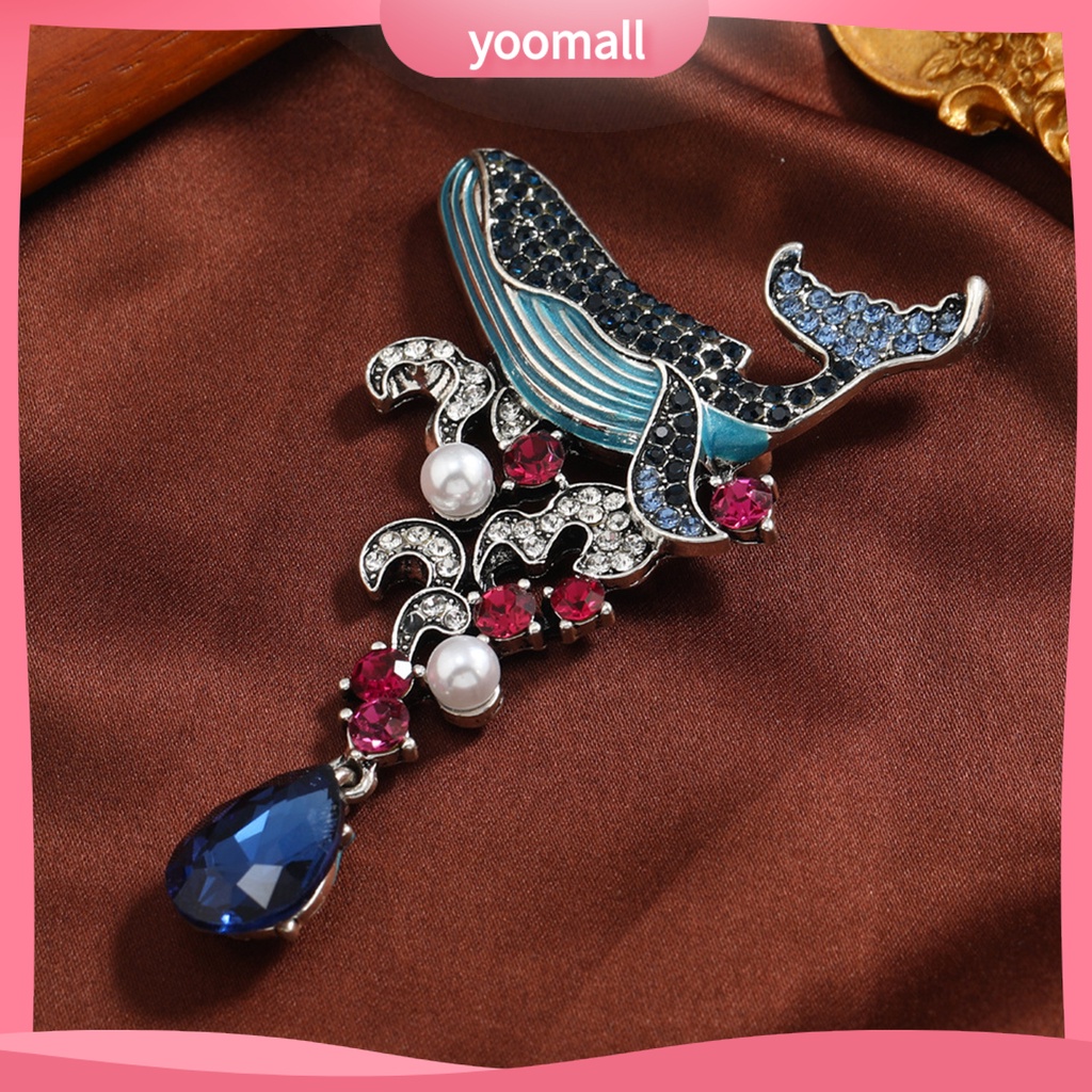 Ghim Cài Áo Hình Cá Voi Đính Đá Tráng Men Phong Cách Vintage