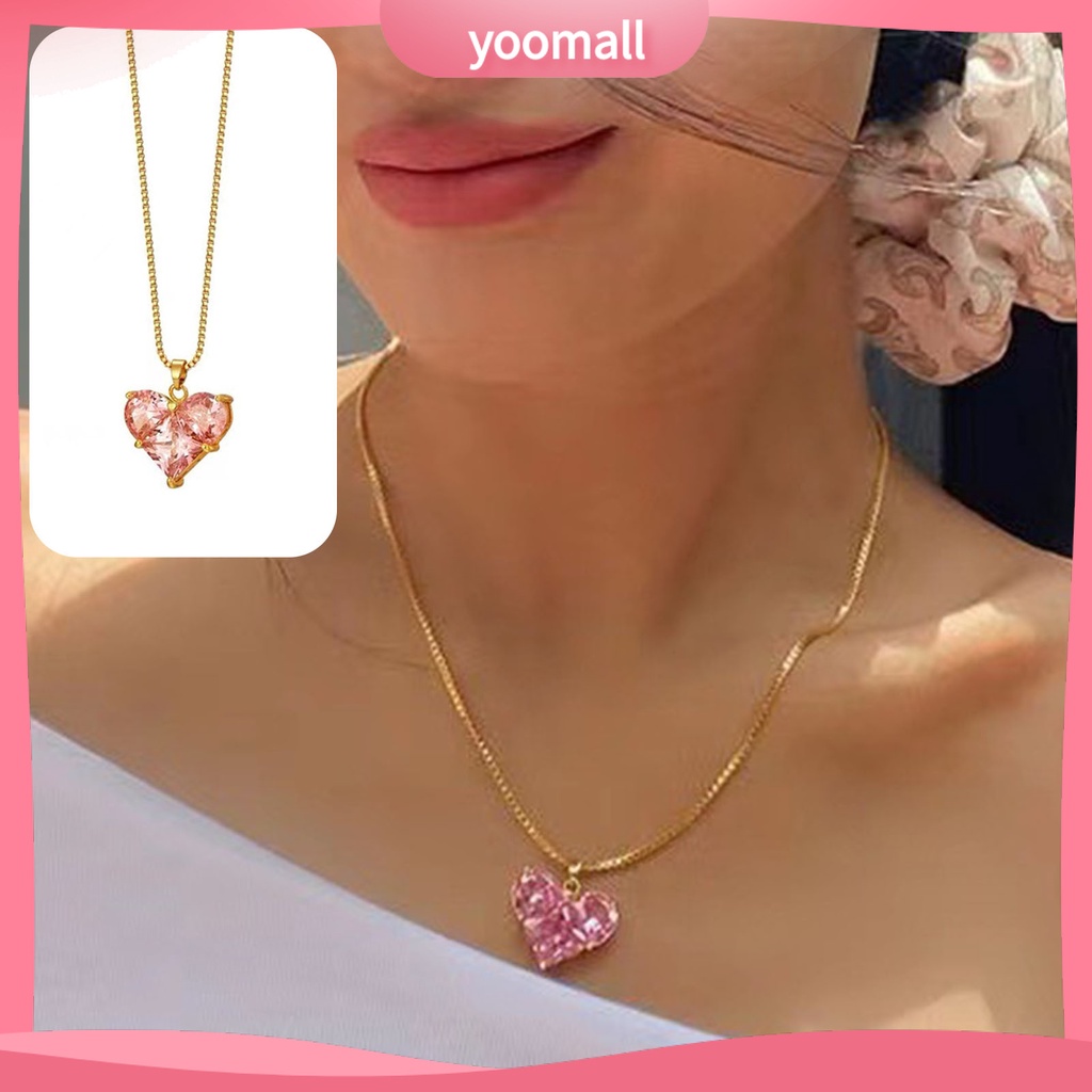 [YM] Vòng cổ Mặt Hình Học Đính Đá Zircon Màu Hồng Lấp Lánh Chống Mài Mòn Không Gây Dị Ứng Dành Cho Nữ