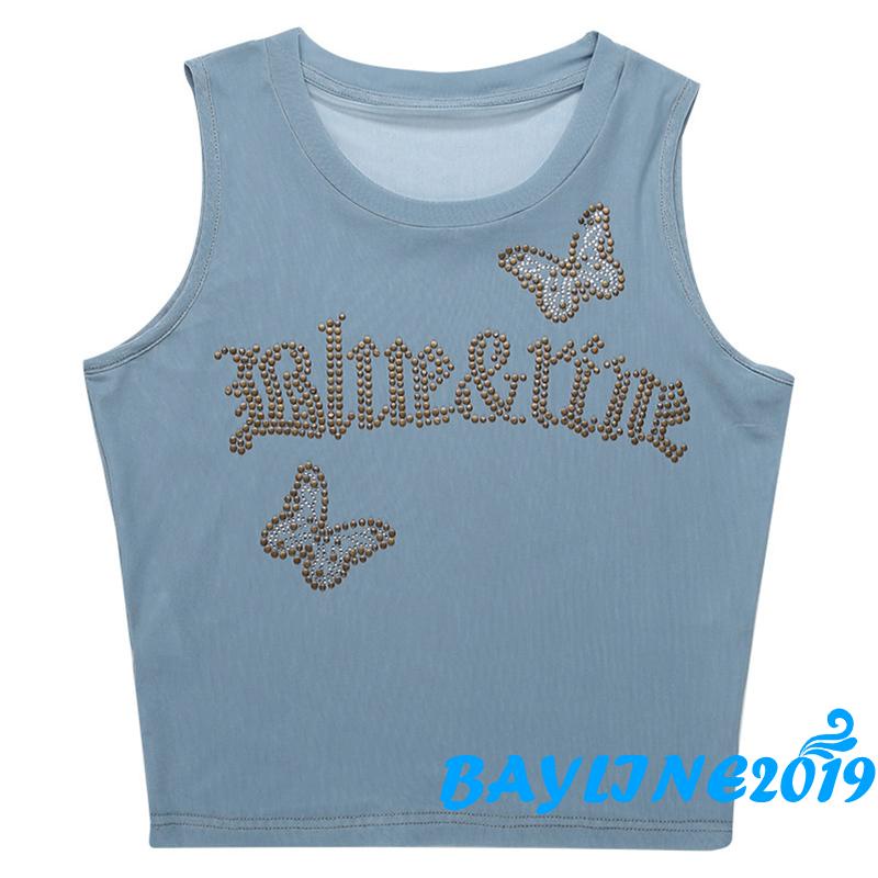 Áo Croptop Sát Nách In Chữ Đính Đá Phong Cách Đường Phố Cho Nữ