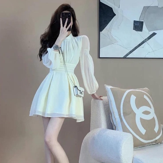 Váy trắng tơ 2 lớp tay dài dáng ngắn bo eo zeni  size S M L XL- Design by KAMI