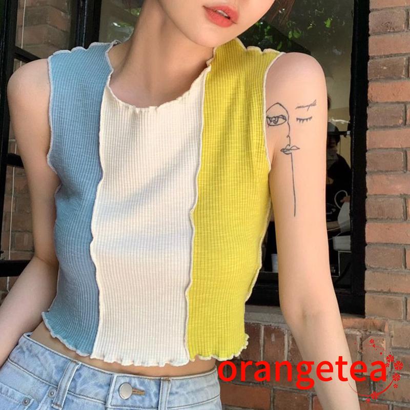 Áo Croptop Sát Nách Cổ Tròn Màu Sắc Tương Phản Thời Trang Mùa Hè Cho Nữ