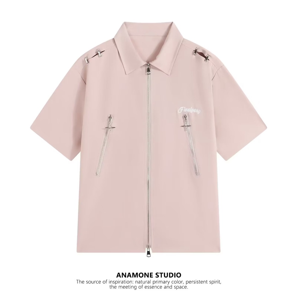 Áo Sơ Mi Tay Ngắn Dáng Rộng Có Khóa Kéo Màu Sắc Đơn Giản Thời Trang Mùa Hè Cho Nam Và Nữ