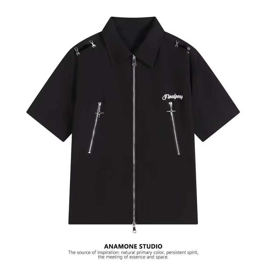 Áo Sơ Mi Tay Ngắn Dáng Rộng Có Khóa Kéo Màu Sắc Đơn Giản Thời Trang Mùa Hè Cho Nam Và Nữ