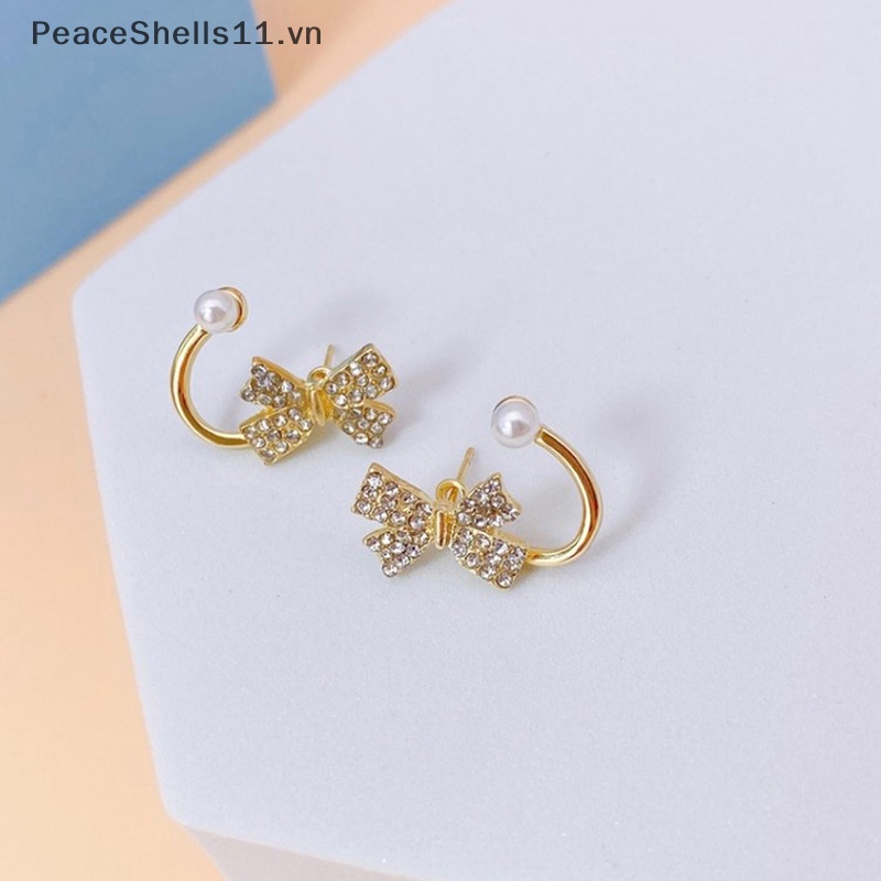Bông Tai Mạ Vàng 14K Hình Nơ Đính Ngọc Trai Thời Trang Hàn Quốc