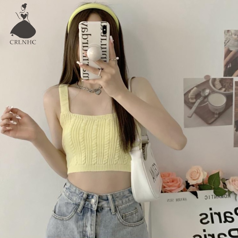 Áo Croptop Dệt Kim Không Tay Dáng Ôm Màu Kẹo Ngọt Thời Trang Mùa Hè Dành Cho Bạn Nữ