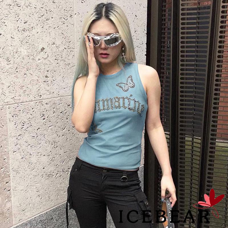 Áo Croptop Sát Nách In Chữ Đính Đá Thời Trang Mùa Hè Cho Nữ