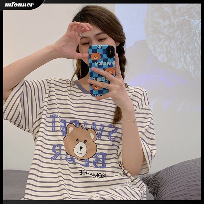 Đồ ngủ Ngắn Tay Họa Tiết Kẻ Sọc Thoải Mái Thân Thiện Với Làn Da Thời Trang Mùa Hè Dành Cho Nữ