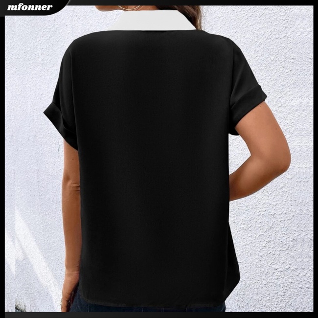 Áo Sơ Mi Tay Ngắn Cổ Chữ V Dáng Rộng Màu Tương Phản Thoáng Khí Thời Trang Cho Nữ