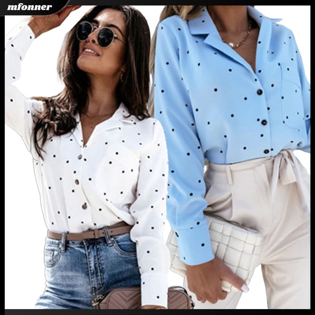 Áo Sơ Mi Tay Dài Họa Tiết Chấm Bi Có Túi Cho Nữ