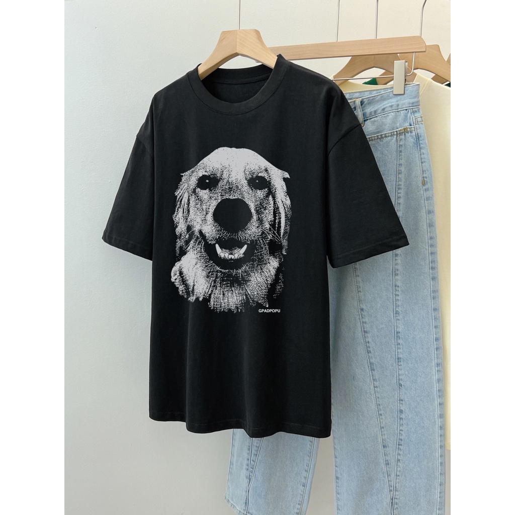 Áo Thun Đen Tay Ngắn Dáng Rộng In Họa Tiết Hoạt Hình Chú Chó Dễ Thương Phong Cách Hàn Quốc Thời Trang Mùa Hè Cho