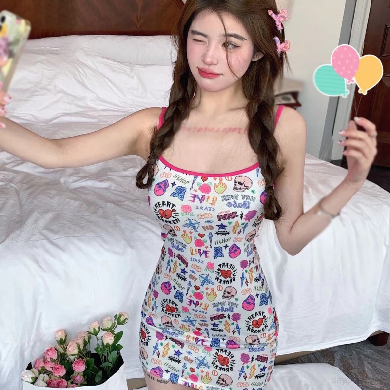 Đầm In Họa Tiết Graffiti Ngọt Ngào Thời Trang Mùa Hè Phong Cách Hàn Quốc Cho Nữ