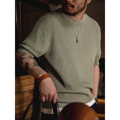 Áo Thun Lụa Lạnh Dệt Kim Tay Lửng Cổ Tròn Ba Chiều Phong Cách Retro Mỹ Giản Dị Dành Cho Nam