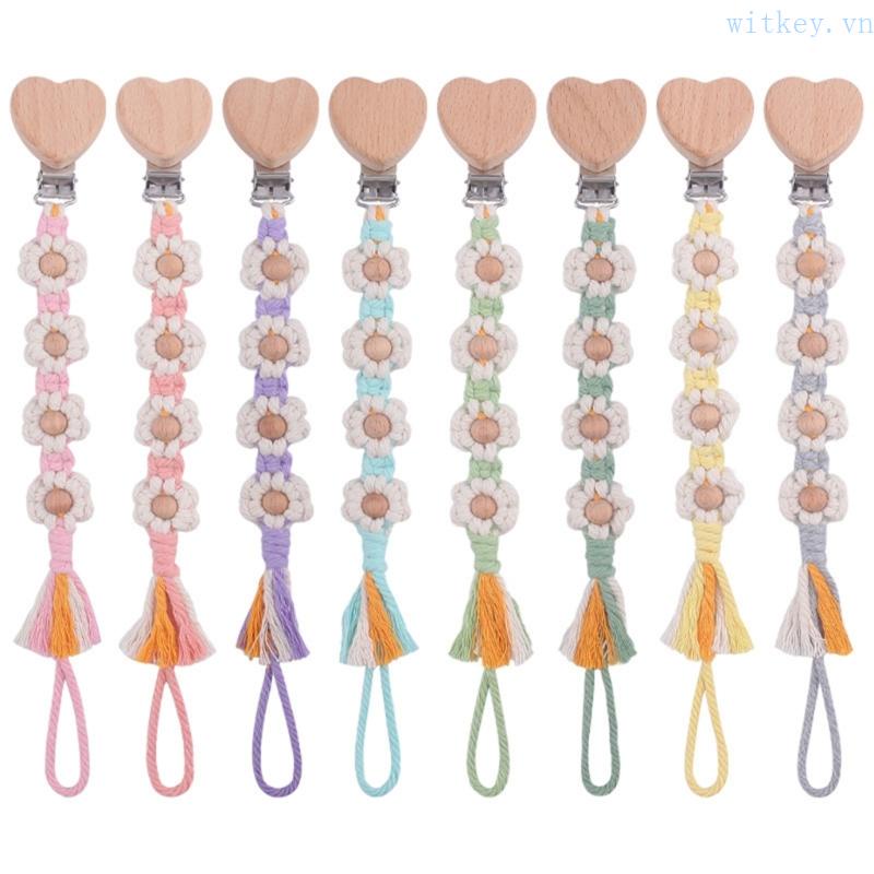 Dây Buộc Núm Vú Giả Bằng Sợi Cotton Bện Đính Hoa Kèm Kẹp Gỗ Xinh Xắn Cho Bé Gặm Răng