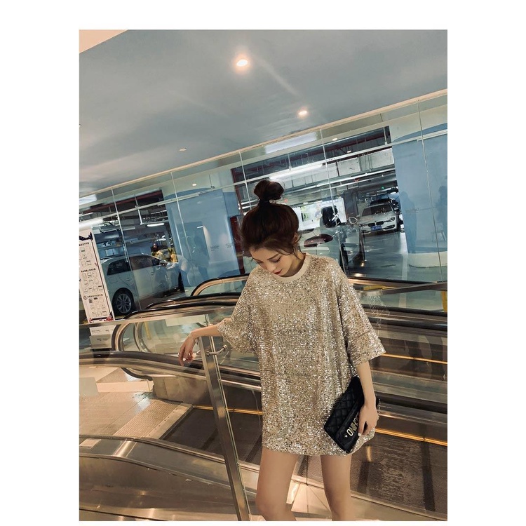 Áo Thun Tay Ngắn Dáng Rộng Đính Kim Sa Lấp Lánh Thời Trang Cho Nữ