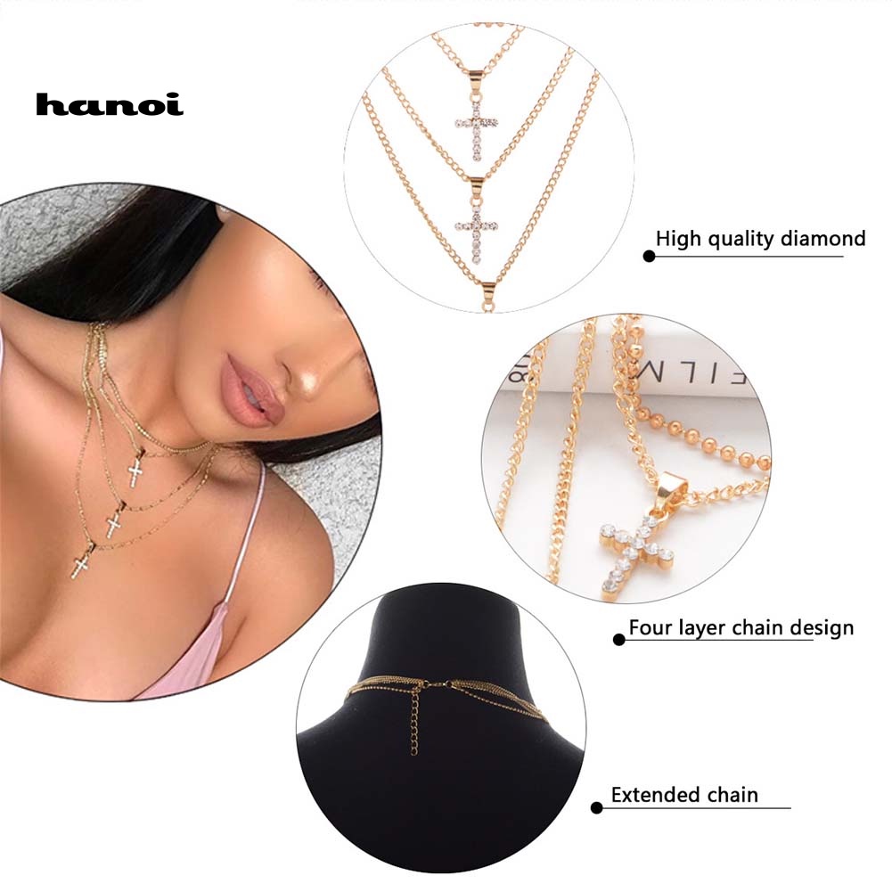 Vòng cổ Đa LớP MặT Chữ ThậP ĐíNh Kim Cương Giả ThờI Trang Cho Nữ