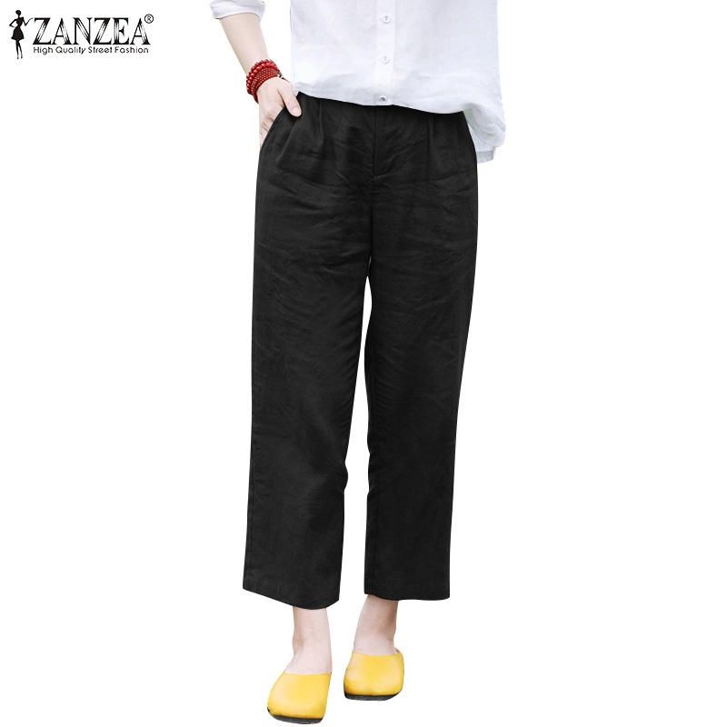 ZANZEA Quần Dài Vải Lanh Cotton Lưng Thun Phối Túi Bên Hông Kiểu Hàn Quốc Thời Trang Cho Nữ