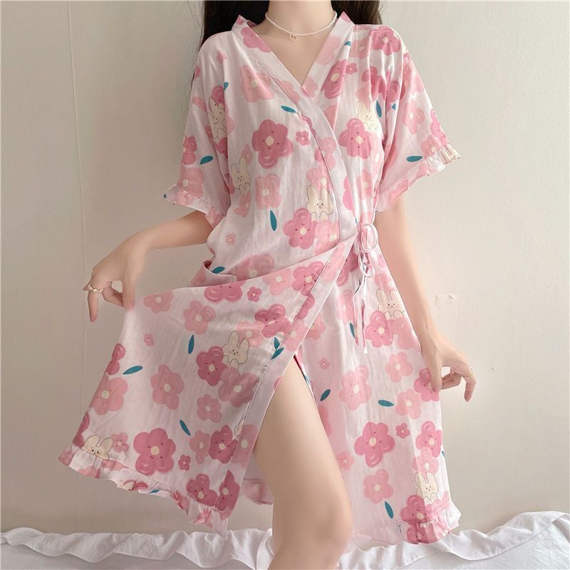 Đầm Ngủ Kimono Tay Ngắn Cột Dây Phong Cách Nhật Bản Thời Trang Mùa Hè Xinh Xắn Cho Nữ