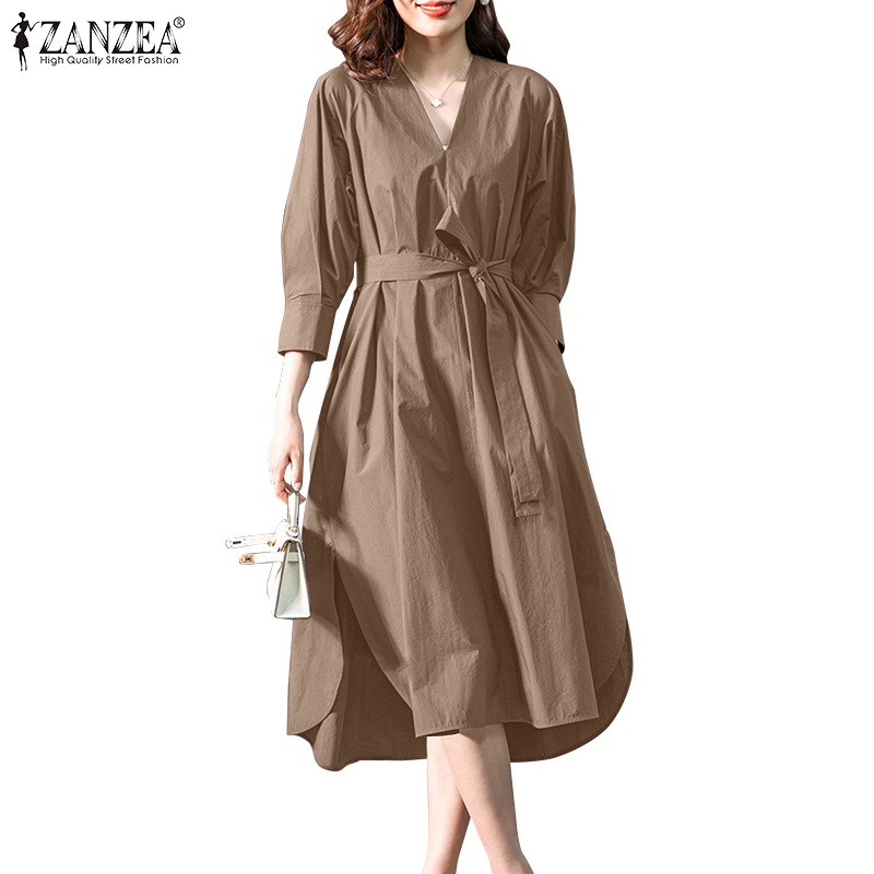 ZANZEA Đầm Nữ Tay Lửng Cổ Chữ V Màu Trơn Phong Cách Hàn Quốc Thời Trang