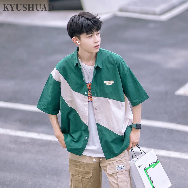 Áo Sơ Mi Cotton Klein Tay Lửng Dáng Rộng Màu Xanh Dương Phong Cách Mỹ Cho Nam