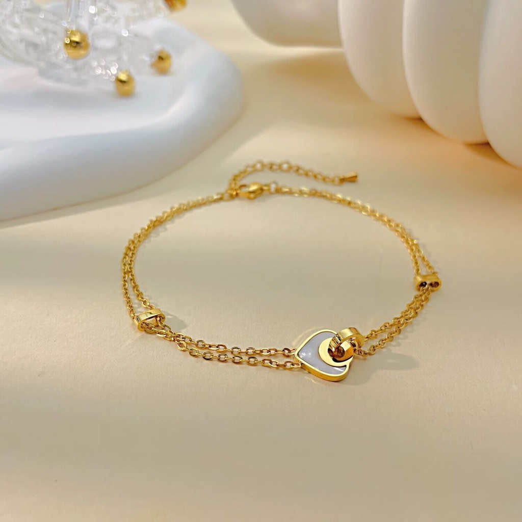 Lắc Chân Hai Lớp Bằng Thép Titan Màu Trắng Hình Trái Tim Vỏ Sò