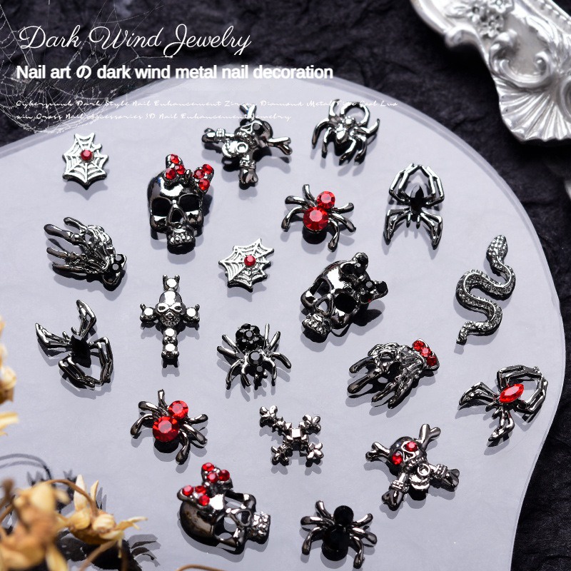 Trang trí nghệ thuật móng tay hình đầu lâu nhện theo phong cách tối / Súng kim loại trang trí móng tay rắn đen