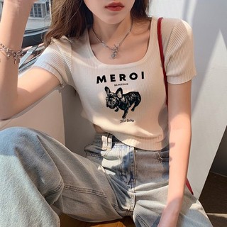 Summer new style ice silk knitted short-sleeved t-shirt nữ thin style square neck slim-fit slimmer look all