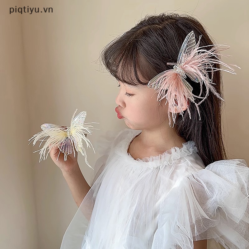 Kẹp Tóc Hình Bươm Bướm / Lông Vũ Nhiều Màu Phong Cách Hàn Quốc Xinh Xắn Cho Bé Gái