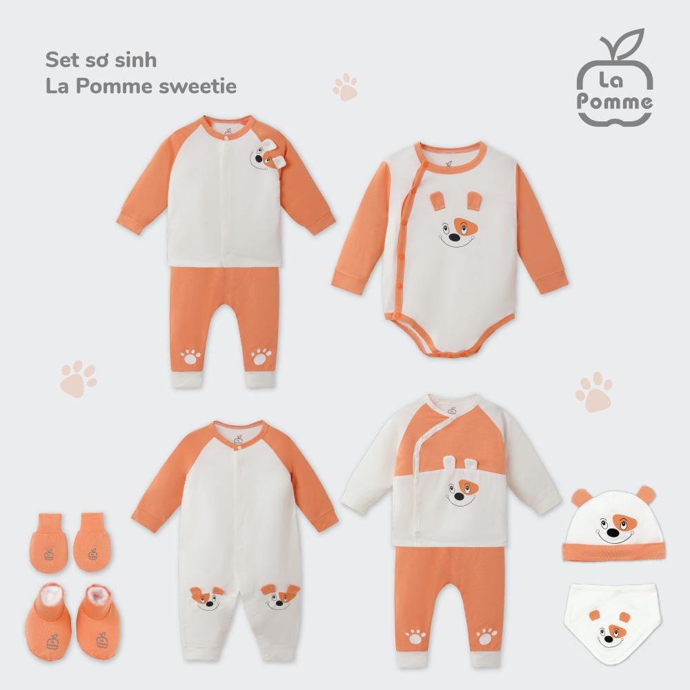 La Pomme - Body chip dài tay La Pomme sweetie - Cam Ghi nâu NB 0M 3M