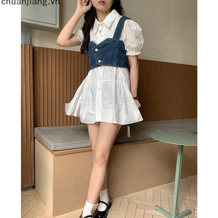 Đầm Denim Mini Dáng Chữ A Tay Phồng Lưng Cao Thời Trang Mùa Hè Cho Nữ