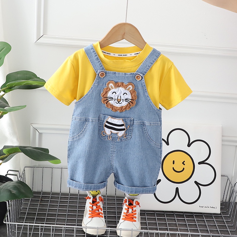 Set quần yếm jean đùi bé trai bé gái áo thun tay ngắn màu vàng con hổ mùa hè 1 2 3 tuổi